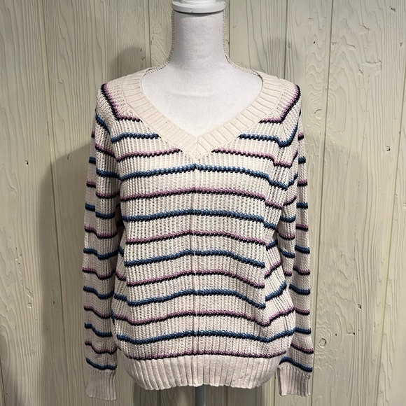 LOFT Sweaters - LOFT Cotton V Neck Sweater Beige with stripes Size XL
